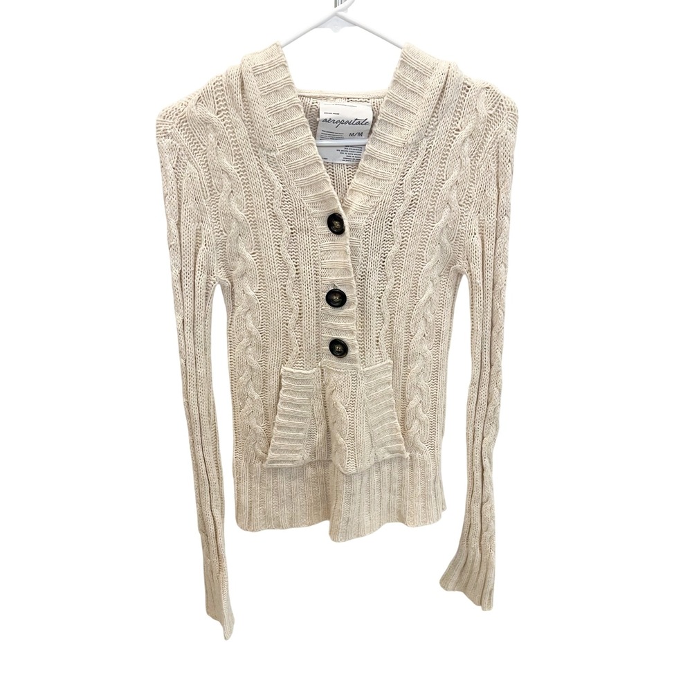 Y2K Aeropostale Cream Cable Knit Hooded Sweater Fitted Twee Cozy - Size Medium